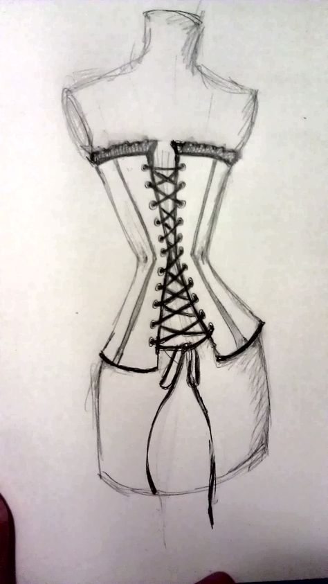 Back Of Corset Drawing, Woman In Corset Drawing, Corset Sketch Fashion Illustrations, Corset Design Sketch, How To Draw A Corset, Corset Dress Drawing, Drawing Ideas Clothes, Corset Sketch, Corset Drawing