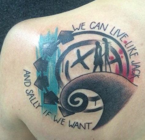 Blink 182 Jack And Sally Tattoo, The Nightmare Before Christmas Tattoo, Blink 182 Tattoo, Sally Tattoo, Tattoos 2022, Tattoo Nightmares, Jack Skellington Tattoo, Tat Inspiration, Tattoos Forearm