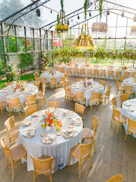 Garden Wedding Color Schemes, Greenhouse Wedding Reception, Glam Wedding Reception, Wedding Ideas 2024, Family Dancing, Beautiful Greenhouse, Table Setting Wedding, Wildflower Wedding Theme, Colorful Florals