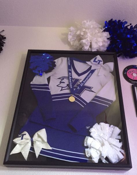 Cheer uniform shadow box                                                                                                                                                                                 More Cheer Uniform Shadow Box, Cheerleading Bedroom, Shadow Box Diy, Cheer Box, Cheerleading Ideas, Gymnastics Stuff, Cheer Banquet, Shadow Box Ideas, Cheer Gear