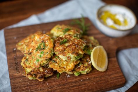 Green Fritters with Feta, Lemon and Dill Yoghurt — Farm to Fork Green Fritters, Beef Brisket Tacos, Grilled Brussel Sprouts, Farm To Fork, Crochet Slipper, Sprouts Salad, Brussel Sprout Salad, Zucchini Fritters, Lime Dressing