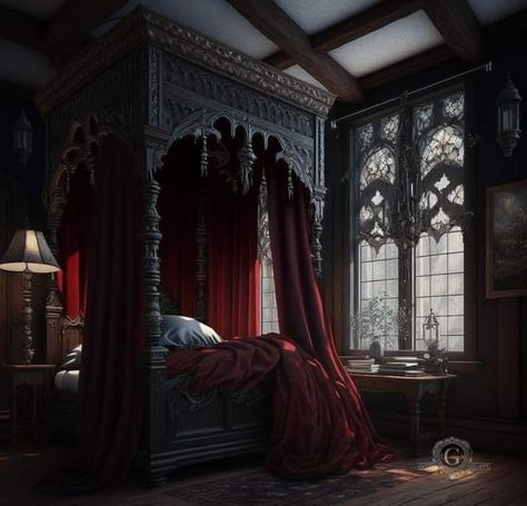 Dark Red Victorian Bedroom, Gothic Victorian Bedroom, Gothic Castle Interior, Modern Home Entryway, Gothic Bedroom Ideas, Gothic Bed, Castle Bedroom, Vampire Aesthetic, Gothic Bedroom