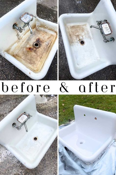 Refinish a Cast Iron Sink for a Smooth + Flawless Finish Laundry Room With Vintage Sink, Vintage Sink In Bathroom, Outdoor Cast Iron Sink, Sinks With Drain Boards, Repurposed Cast Iron Sink, Restore Cast Iron Sink, Cast Iron Sink Refinish, Refinishing Cast Iron Sink, Old Sinks Repurposed