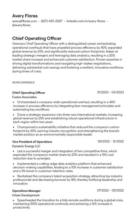 Examine Chief Operating Officer resume examples to highlight your operational leadership, strategic planning skills, and ability to drive business growth, helping your application stand out to CEOs and board members across diverse industries. | chief operating officer resume, COO resume, executive leadership resume Resume Business, Resume Guide, Strategic Leadership, Leadership Abilities, Resume Summary, Board Members, Create A Resume, Operational Excellence, Executive Leadership