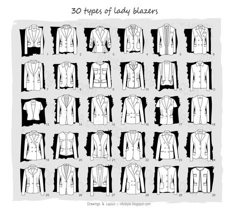 blazer jackets types with illustrions and names Types Of Jackets Names, Blazer Collar Types, Types Of Jackets For Women Chart, Blazer Types Women, Types Of Blazers For Women, Blazer Drawing, Blazer Collar Pattern, Ladies Blazer Design, Blazer Flat Sketch