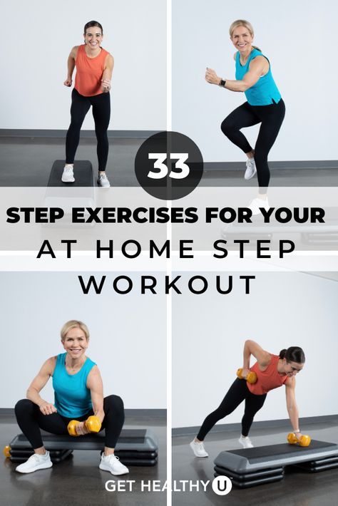 Stepper Workout Home, Step Up With Weights, Step Bench Workout, Exercises With Step Bench, Step Box Exercises, Step Bench Exercises, Step Board Exercises, Exercise Step Workout, Beginner Step Workout