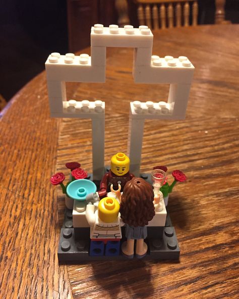 Brantley and I built this for the table to celebrate Kallie and Tripp making their first communion tonight. #kallie #tripp #brantley #firstcommunion #diy #cross #lego First Communion Celebration Ideas, Diy Confirmation Gifts, Christian Lego Ideas, Lego Cross, Spiritual Rosary With Crucifix For First Communion, Bible Lego Creations, Spiritual Crucifix Rosary For First Communion, Lego Spinner, Homeade Halloween Costumes