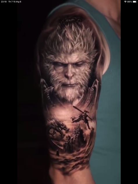 Black Myth Wukong Tattoo, Son Wukong Tattoo, Wukong Tattoo, Son Wukong, King Tattoos, Japanese Dragon Tattoos, Dragon Tattoos, Japanese Dragon, Sun Wukong