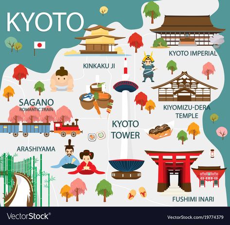 Map Of Kyoto, Kyoto Drawing, Kyoto Illustration, Kyoto Places To Visit, Kyoto Map, Christmas Gift Vector, Kyoto Art, Japan Holiday, Pop Cakes