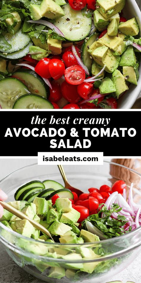 This Avocado Salad recipe is made with cucumbers, avocados, cherry tomatoes, red onions and is tossed in a light vinaigrette. It's a fresh and healthy side dish that's perfect for weeknight meals and even potlucks, and get togethers! Ready in only 10 minutes, this recipe is low carb, gluten free, paleo, vegetarian and vegan. Tomatoe Avocado Salad Healthy, Avocado Tomato Cucumber Salad, Tomato And Avocado Salad, Tomato Avocado Salad, Cucumber Tomato Avocado Salad, Avocado Recipes Healthy, Paleo Vegetarian, Cold Salads, Avocado Recipe