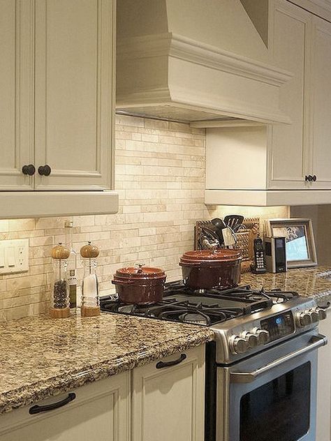 The calm AFTER the storm.... — Beckwith's Treasures Ivory Cabinets, Brown Countertop, Ivory Kitchen, Travertine Backsplash, Brick Backsplash Kitchen, Beige Cabinets, Tiles Backsplash, Kabinet Dapur, Cabinets Countertops