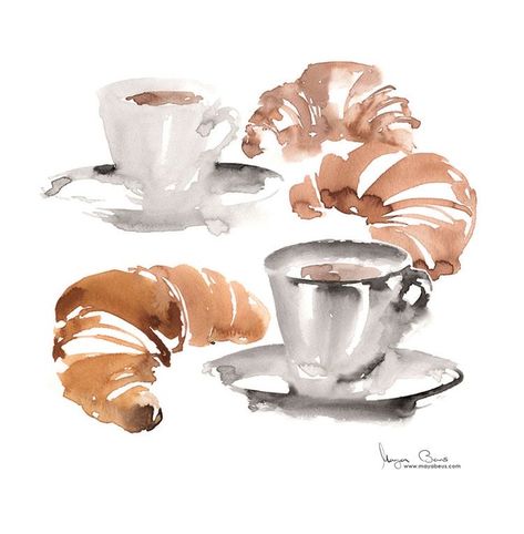 Croissants Illustration, Art Drawings Painting, Room Art Painting, Akvarel Illustration, Coffee And Croissants, Watercolor Loose, Coffee Watercolor, Illustration Packaging, Watercolour Inspiration