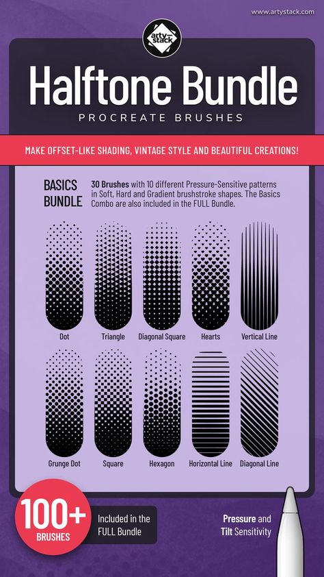 High-Resolution Halftone Brushes for shading & rendering. They look great even on print quality canvas! Brush Set files (.brushset), for use on Procreate App. User Guide (PDF). Pressure Sensitivity on BASICS & EXTENDED Sets, so you control halftone density on every brushstroke! Seamless, Clean & Fully Scalable Patterns. Soft, Hard and Gradient brush shapes for every halftone pattern (on BASICS & EXTENDED Sets). 100% original shapes and grains. Buy once, and get available updates forever! Procreate Brushes Download, Halftone Pattern, Procreate Brushes Free, Brushes For Procreate, Procreate Art, Diagonal Line, Art Resources, Illustrator Artist, Free Brush