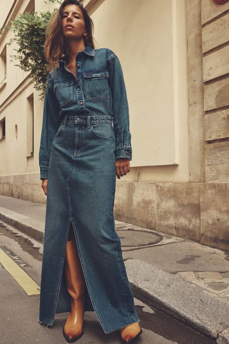 Denim Maxi Dress Outfit, Denim Skirts For Women, Long Denim Skirts, Sheer Midi Skirt, Zara Midi Skirt, Double Denim Looks, A Line Denim Skirt, Oversized Denim Shirt, Denim Skirt Outfits