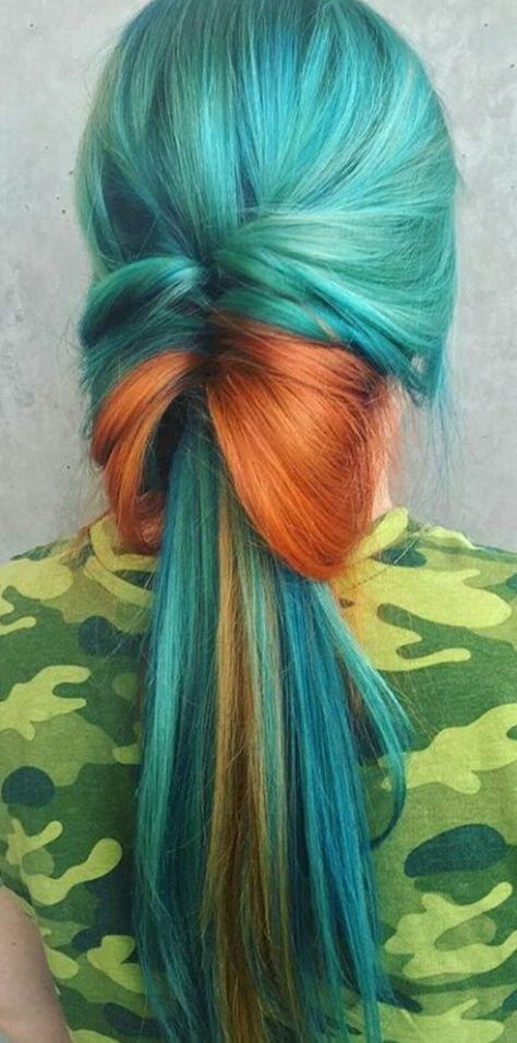 Turquoise green orange dyed hair @theunicorntribe Orange Dyed Hair, Rainbow Highlights, Nails Orange, Hair Color Orange, Blue Ombre Hair, Dyed Hair Pastel, Ombre Blond, Colored Hair Tips, Colourful Hair