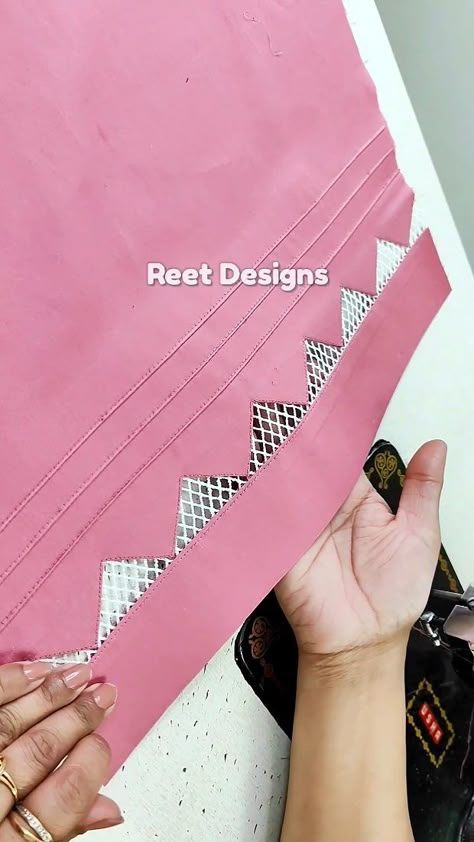 Reet Designs | Fashion Designer | YouTuber | Make this Trendy Trouser Design with Easy Sewing Hacks #trouserdesign #sewing #stitching #sewingtips #design #fashiondesigning #reels… | Instagram Pant Designs Pattern, Easy Trouser Design, Stylish Pants Design, Cutwork Neck Design, Trouser Design With Lace, New Trouser Design, Neck Design With Lace, Ladies Frock Design, Simple Suit Designs