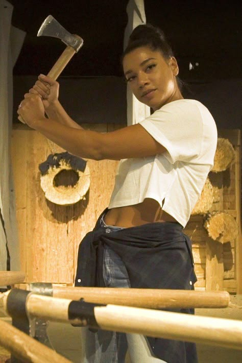 Ax Throwing Outfit, Holding Axes Reference Pose, Throwing Pose, Knife Pose, Ax Throwing, Knife Photography, Hannah Bronfman, Target Workout, Action Pose Reference