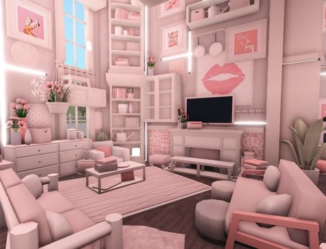 Bloxburg Pastel Living Room, Blush Bloxburg Exterior, Bloxburg House Ideas Hello Kitty, Pink Bloxburg House Ideas, Pink Living Room Bloxburg, Blush Living Room Bloxburg, Bloxburg Condo Layout, Sims 4 Pink Living Room, Bloxburg Blush Room Ideas