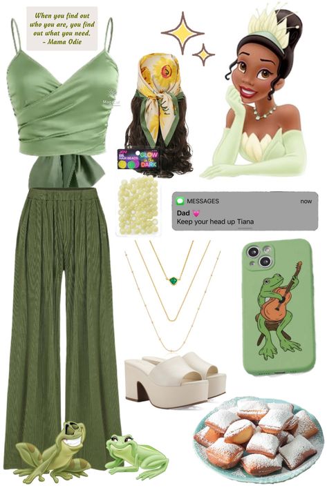 Green silk wrap top paired with dark green pleated trousers. Off white platform heels. Yellow hair beads. Silk green and yellow flower print hair wrap. Gold layered necklaces with emerald center stone. Green phone case with a graphic of a frog playing the guitar. Princess Tiana Costume, Disney Princess Inspired Outfits, Tiana Costume, Disney Character Outfits, Tiana Disney, Disney Outfits Women, Princess Inspired Outfits, Princesa Tiana, Disney Princess Outfits