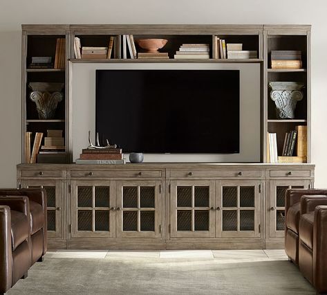 Livingston Medium Entertainment Center with Glass Doors | Pottery Barn Large Entertainment Center, Media Entertainment Center, Support Velo, Diy Tv Stand, Entertainment Center Repurpose, Media Furniture, Rack Tv, Newt Scamander, Entertainment Center Decor