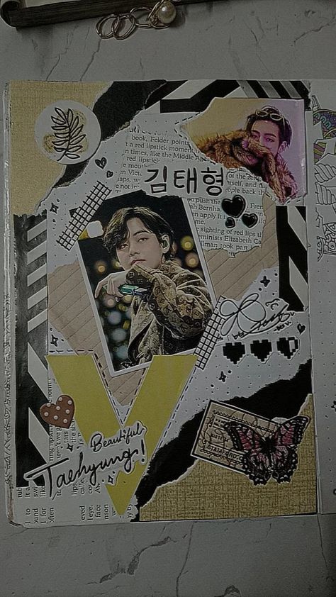 BTS V Scrapbook Bts V Journal Ideas, Kim Taehyung Journal, Bts Scrapbook Ideas, Taehyung Journal, Bts Quotes Wallpaper, Dream Word, K Pop Journal, Bullet Journal Mood Tracker, Journal Mood Tracker