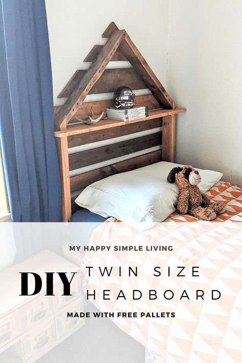 Boys Bedroom|DIY Twin size Pallet Headboard - My Happy Simple Living Twin Size Headboard Ideas, Pallet Twin Bed Frame Diy, Twin Size Headboard Diy, Twin Pallet Bed Diy, Diy Twin Headboard Ideas, Boys Headboard Ideas, Diy Twin Headboard, Twin Headboard Ideas, Boy Headboard