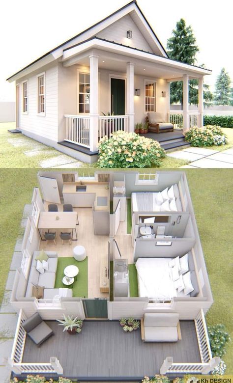 Tiny Bungalow House Design, Small American House Design, Courtyard Small House, One Floor Tiny House, Small House Plans With Basement, 3 Bedroom Small House Plans, House Plans With Garage Underneath, 2 Bedroom Small House Plans, Small House Plans 3 Bedroom