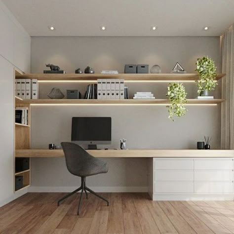 Modern Minimalist Office Space, Bedroom Desk Built In, Desk In Wall, Desk Along Wall, Full Wall Desk, Small Home Office Ideas Workspaces, Long Desk Along Wall, Orange Home Office, Home Study Ideas