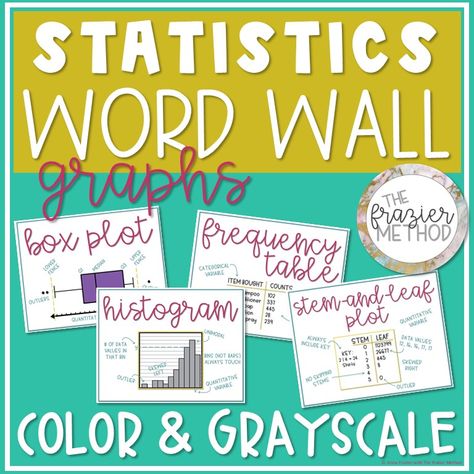 Here's some high school math classroom decor! Display on a math word wall or math bulletin board in your math classroom. Graphs are from Unit 1: Exploring 1-Variable Data in AP Statistics and align with AP College Board's standards. Includes frequency table, relative frequency table, bar chart, pie chart, dot plot, stem and leaf plot, histogram, cumulative relative frequency plot, box plot, & several features of each graph.  ALL PAGES ARE IN COLOR & GRAYSCALE. Statistics Classroom Decor, High School Math Word Wall, Stem And Leaf Plot, High School Math Classroom Decorations, Box Plot, Ap Stats, Word Wall Displays, Math Classroom Decor, Math Word Wall