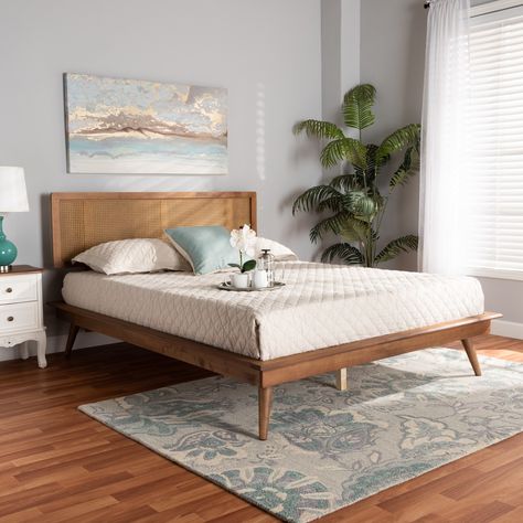 Nura Mid-Century Walnut Brown Wood and Rattan Platform Bed - Full - Bed Bath & Beyond - 34036125 King Size Platform Bed, Full Size Platform Bed, Rattan Headboard, Contemporary Nightstand, Queen Size Platform Bed, Full Platform Bed, Queen Platform Bed, Wood Platform Bed, Baxton Studio