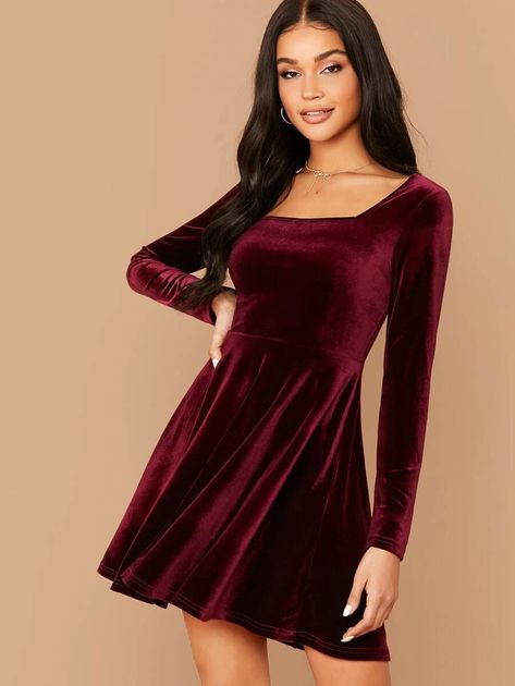 Square Neck Flared Velvet Dress | SHEIN USA Velvet Dress Short, Velvet Skater Dress, Burgundy Velvet Dress, Dresses By Pattern, 파티 드레스, Velour Dress, Velvet Shorts, Shein Dress, Square Neck Dress