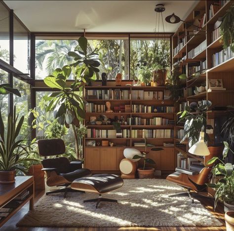 Mid Century Dream House, Bookshelves Mid Century Modern, The Eames House, Mid Century Modern Living Room With Plants, Eames Interior Design, Mid Century Home Library, Mid Century Library Room, Retro House Interior Design, Mcm House Interior