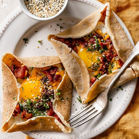 Check out Savory Crepe Pockets, BEC Style recipe and more from Sur La Table! Savory Crepes Filling, Crepe Recipe Savory, Savory Crepe, Pockets Recipe, Bacon Egg Cheese, Crepe Maker, Egg Cheese, Savory Crepes, Breakfast Goodies