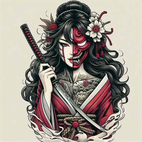 Female Samurai Tattoo, Marvel Tattoo Ideas, Samurai Mask Tattoo, Japanese Hand Tattoos, Half Sleeve Tattoos Sketches, Geisha Tattoo Design, Mangas Tattoo, Japanese Myth, Female Samurai