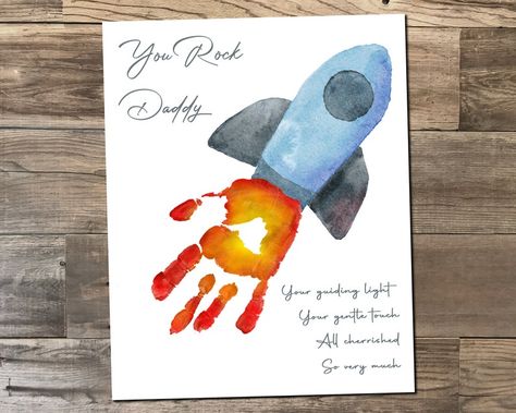 Fathers Day Handprint Craft, You Rock Daddy Rocket Space Personalize With Child's Prints 8x10 & 11x14 Size Printable Digital File - Etsy Baby Art Crafts, Diy Father's Day Crafts, Dad Crafts, Fathers Day Art, Rocket Space, Baby Art Projects, Toddler Arts And Crafts, Footprint Art, Handprint Craft