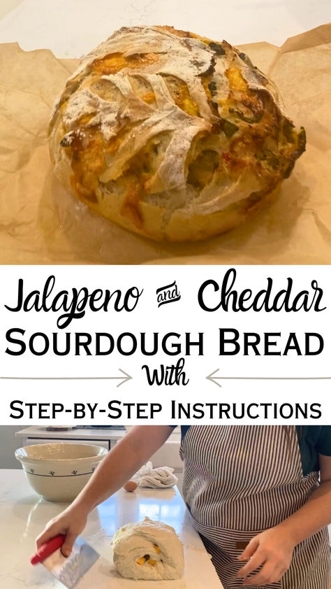 jalapeno cheddar sourdough loaf with text and rolling up dough step pictured Sour Dough Loaf Mix Ins, Mix Ins For Sourdough, Sourdough Mix In Ideas, Sourdough Bread Mix Ins, Sourdough Mix Ins, Jalapeno Cheddar Sourdough Bread, Cheddar Sourdough Bread, Sandwich Sourdough, Cheddar Bread Recipe