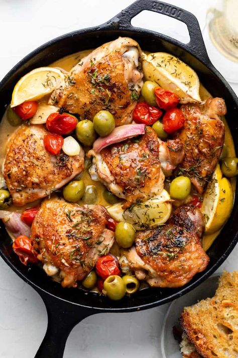 This week, plan to enjoy this Easy Chicken Provencal! It is a delicious and hearty dish made with chicken thighs, cherry tomatoes, lemon, and various herbs and spices. Chicken Provencal Recipes, Chicken Provencal, Fall Chicken Recipes, Chicken Tomatoes, Cast Iron Skillet Recipes, My Recipes, Chicken Dishes Recipes, Recipes Chicken, Chicken Thigh Recipes