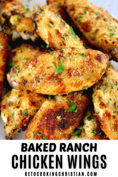 This recipe for Baked Ranch Chicken Wings creates tender, juicy, and zesty wings that are baked to crispy, golden-brown perfection. They're the ultimate low carb party or game-day appetizer! #chickenwings #parmesanwings #lowcarbchickenwings Ranch Wings Baked, Hidden Valley Ranch Chicken Wings, Baked Ranch Chicken Wings, Keto Party Food Appetizers, Ranch Wings Recipe, Breaded Ranch Chicken, Hidden Valley Ranch Chicken, Honey Bbq Wings Recipe, Chicken Wings Recipe Oven