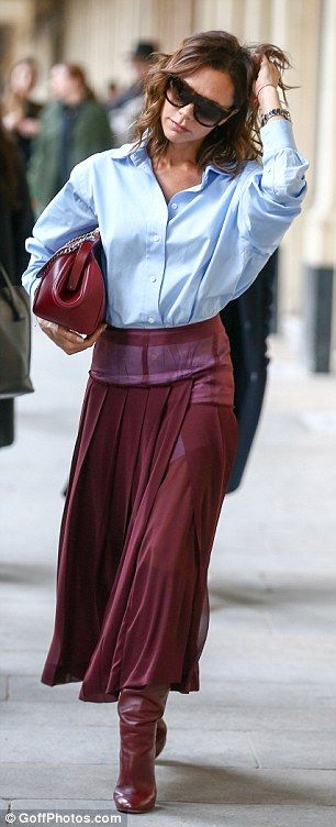 Bag yourself a burgundy skirt like Victoria Beckham Click "Visit" to buy #DailyMail Burgundy Skirt Outfit Work, Maroon Skirt Outfit Winter, Burgundy Maxi Skirt Outfit, Maroon Bag Outfit, Maroon And Blue Outfit, Burgundy Skirt Outfit Winter, Burgundy Pencil Skirt Outfit, Burgundy And Blue Outfit, Burgundy Leather Skirt Outfit