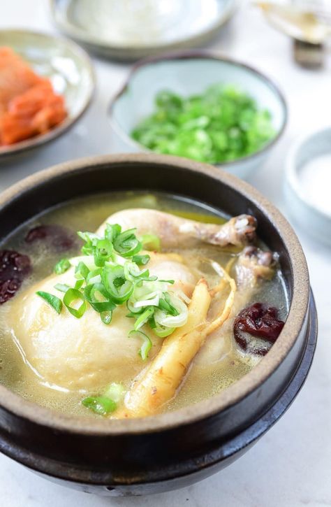 Soup With Whole Chicken, Samgyetang Recipe, Korean Chicken Soup, Korean Soup Recipes, Korean Soups, Soup Korean, Korean Bapsang, Ginseng Chicken Soup, Postpartum Meals