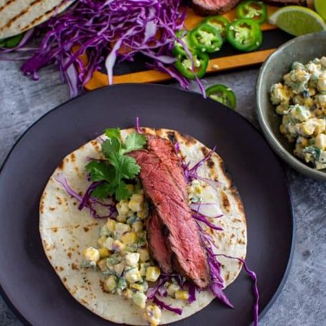 Grilled Steak Tacos, Corn Elote - AnotherFoodBlogger Elote Tacos, Tacos With Red Cabbage, Grilled Steak Tacos, Indian Vegetarian Dinner Recipes, Corn Elote, Steak Taco, Elote Recipe, Charred Corn, Corn Taco