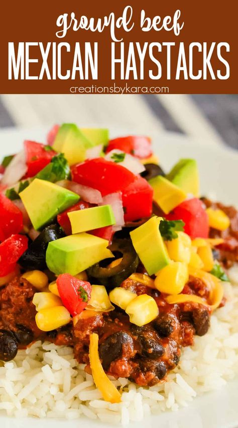 Perfectly seasoned taco meat sauce scooped over rice, finished off with your favorite taco fixings! Mexican Haystacks are an easy dinner recipe that everyone loves! Perfect for feeding a crowd. #mexicanhaystacks @Creations by Kara Mexican Stack Up Recipes, Haystacks Recipe Dinners, Mexican Haystacks Recipe, Mexican Haystacks, Haystack Recipe, Taco Fixings, Haystacks Recipe, Tostada Recipes, Easy Ground Beef