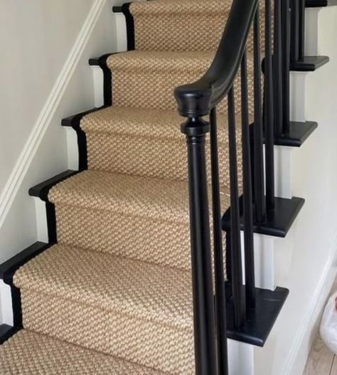 Painted Stairs Ideas With Runner, Black Painted Staircase With Runner, Dark Stair Railing, Fully Carpeted Stairs, Stairs And Hallway Ideas Stairways, Black Staircase With Runner, Black And Beige Hallway, Black Stairs With Runner, Brown Staircase