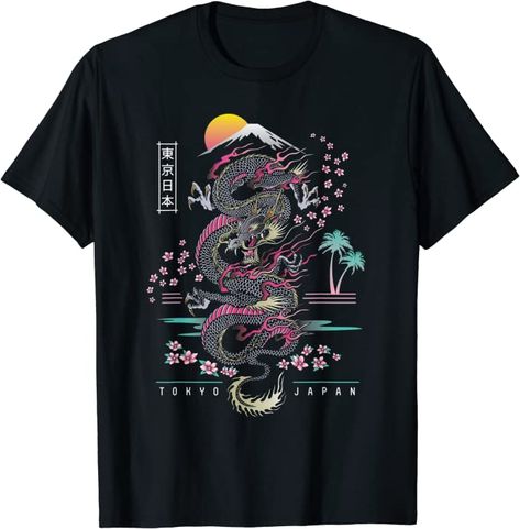 Japanese Aesthetic Dragon, tattoo red design style for teen girls, women, alternative boys & men who love to wear Kanji clothes & Soft Grunge apparel. Urban clothing for dragons, Tokyo & Japan pop culture, Asian & Oriental streetwear followers. Japanese Dragon Design, Japanese Tokyo, Black Graphic Tee, Japanese Print, Japanese Dragon, Mens Casual T Shirts, Dragon Design, Asian Outfits, Asian Inspired