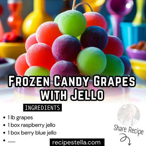 Frozen Candy Grapes with Jello Ingredients: 1 lb grapes 1 box raspberry jello 1 box berry blue jello 1 box orange jello 1 box lime jello 1 box lemon jello 1 box grape jello Instructions: Wash grapes thoroughly. Pour 1 cup water into a small dish. Empty each jello flavor onto separate small dishes. Poke a grape with a toothpick and dip in water. Roll wet grape in one of the jello powders until evenly coated. Place coated grapes on a parchment-lined baking sheet, grouping by flavor. Freeze f... Grapes And Jello Powder, Grapes With Jello Powder, Grapes With Jello, Frozen Candy Grapes, Coated Grapes, Wash Grapes, Raspberry Jello, Candy Grapes, Jello Flavors