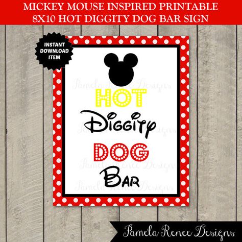 Free Printable Mickey Mouse Hot Dog Sign Hot Diggity Dog Bar Sign, Hot Diggity Dog Bar Free Printable, Hot Diggity Dog Birthday Party, Mickey Mouse Food Labels, Hot Dog Sign, Free Mickey Mouse Printables, Images Of Mickey Mouse, Mickey Mouse Printable, Printable Food Labels