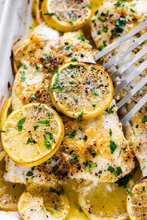 Lingcod Recipe, White Fish Recipes Baked, Baked White Fish, Barramundi Recipes, Oven Baked Fish, Lemon Fish, Lemon Garlic Butter Sauce, Cod Fish Recipes, Clean Dinners