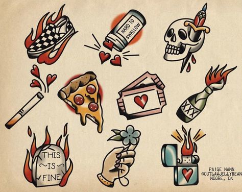 Traditional Tattoo Painting, Things On Fire, Drawing Fire, Traditional Tattoo Flash Sheets, Old School Tattoos, Traditional Style Tattoo, Traditional Tattoo Sleeve, Traditional Flash, Flash Sheet