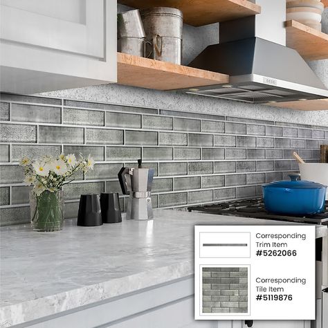 Apollo Tile 10-Pack Mink Gray 1/2-in x 12-in Glass Pencil Tile (0.5-sq. ft/ Carton) APLSRA88P14A at Lowes.com Counter Pendant Lights, Grey Backsplash Kitchen, White Glass Subway Tile, Pencil Tile, Taupe Living Room, Textured Subway, Subway Mosaic, Modern Tile Designs, Glass Tile Backsplash Kitchen