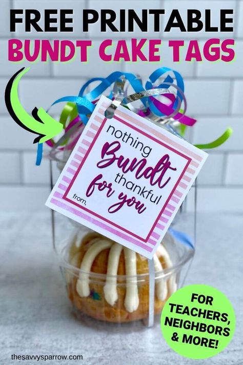 Looking for the perfect inexpensive gifts for teachers, neighbors, friends, and more? These free printable bundt cake gift tags are great for using with the tasty Nothing Bundt Cakes! Say Thanks a Bundtch for being a great teacher with these free printable gift tags! Just Because Teacher Gifts, Thankful For Our Teachers, Nothing Bundt Thankful For You, No Ifs Ands Or Bundts Free Printable, Free Teacher Appreciation Tags, Christmas Gift Ideas Teachers, Bundt Cake Thank You Tag, Bundt Cake Teacher Gift Free Printable, Bundt Cake Gift Tags Free Printable